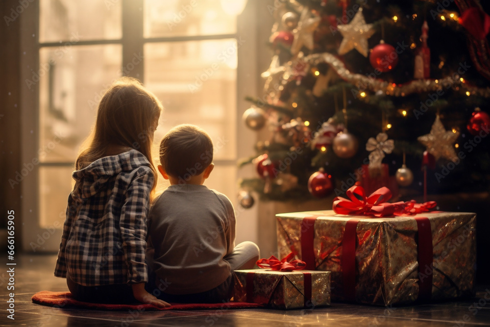 Children waiting for their presents by the Christmas tree. Generative AI.