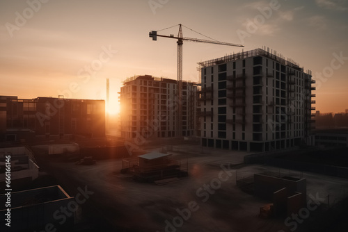 Construction site at sunset. Tower cranes on Construction of residential building in Europe. Housing renovation, real estate. Crane on formworks. Housing buildings. Ai Generative illustration