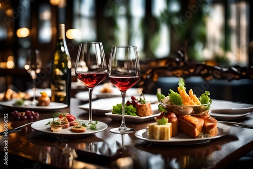  Elegant and select restaurant table Wine Glass and appetizers, on the bar table Soft light and romantic atmosphere dinner wedding service menue photo