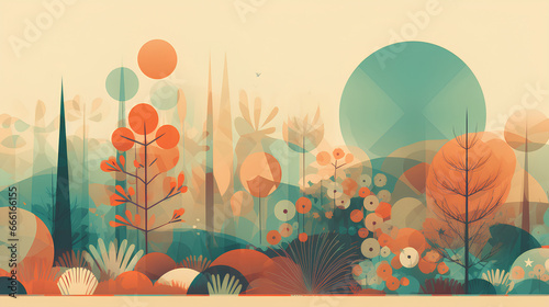 Illustration of autumn landscape for background or banner. Teal and orange colors  flat retro style
