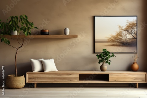 Wooden living room with a wooden console and plant, in the style of modern, beige  © MuhammadHamad