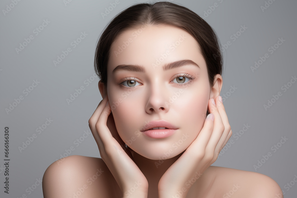 Close-up portrait of beautiful young woman with clean fresh skin, natural make-up. Studio shot.