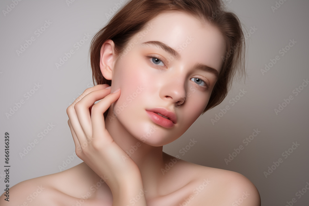 Close-up portrait of beautiful young woman with clean fresh skin, natural make-up. Studio shot. Close-up portrait of beautiful young woman with clean fresh skin, natural make-up. Studio shot.