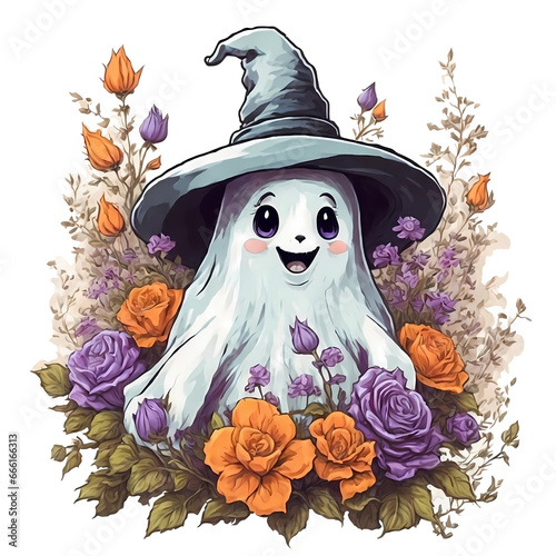 Cute ghost wearing witch hat surrounded by flowers, Happy Halloween, Generative AI