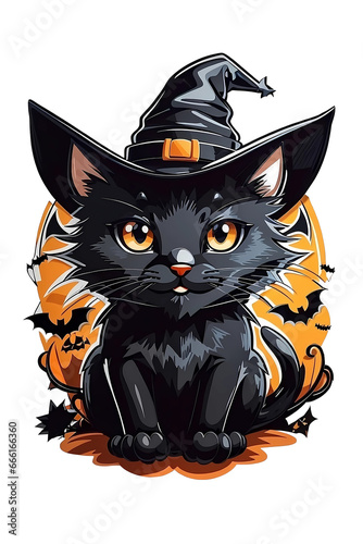 Cute black cat wearing witch hat, Happy Halloween, Generative AI