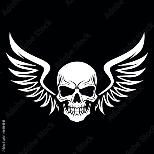 Vector illustration of the wings of a gloomy skull. logo on black background