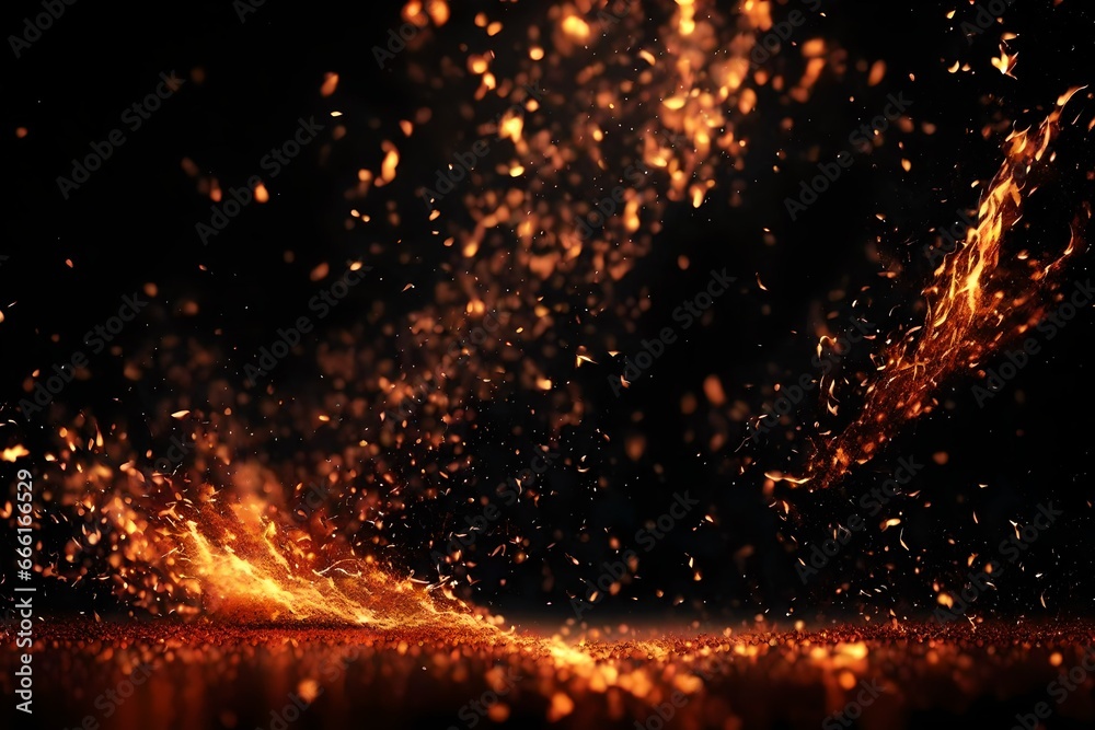 Fire embers particles over black background. Fire sparks background. Abstract dark glitter fire particles lights,