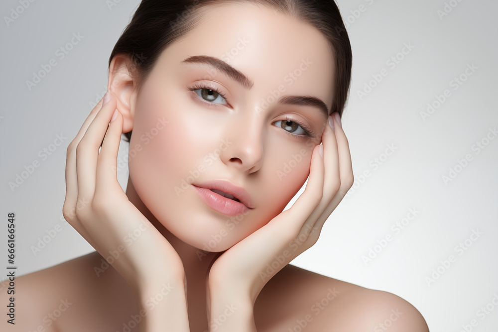 Close-up portrait of beautiful young woman with clean fresh skin, natural make-up. Studio shot. Close-up portrait of beautiful young woman with clean fresh skin, natural make-up. Studio shot.