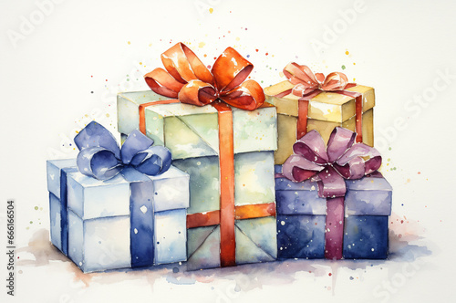 Watercolor set of Christmas gifts. Wrapping paper
