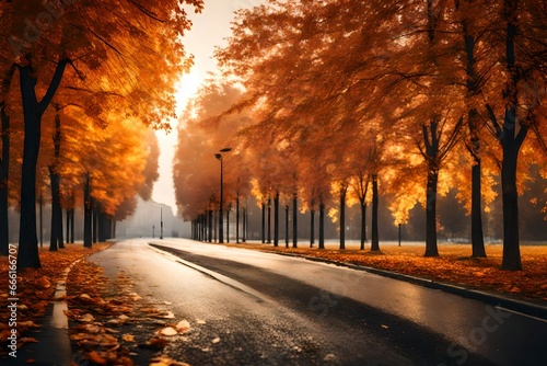 Empty road in city in autumn time.