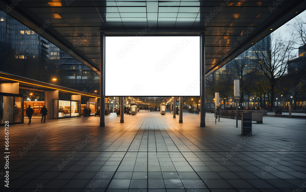 Public shopping center mall, advertisement board space as empty blank mockup signboard in public with copy space area for sale and offers advertisements, transparent background