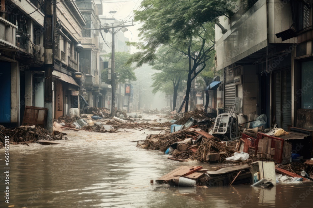Severe and destructive flooding in the city, following the downpour caused by climate change. Severe and destructive flooding in the city, following the downpour caused by climate change.