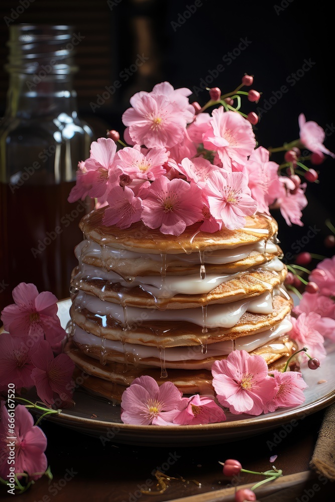 a stack of fluffy pancakes drizzled with syrup.