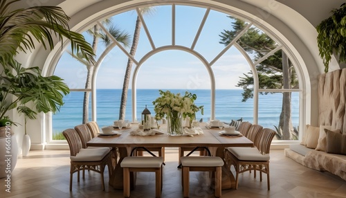 Large and wide dining room against the beach with plants on the side, AI generative. © Yacine