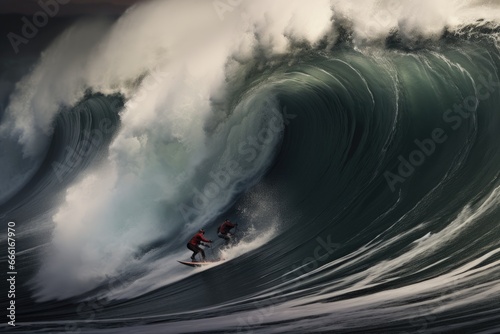 Surfer in ocean wave. Extreme sport and water surfing concept, Extreme surfers surfing on the huge sea waves, rear view, no visible faces, AI Generated