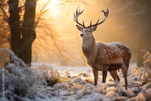 Fallow deer in the winter forest at sunrise. Wildlife scene from nature, Fallow deer stag during rutting season at sunrise in winter, AI Generated