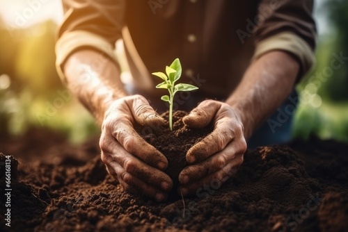 Hands of senior man holding green seedling growing in fertile soil  Farmer hands planting seeds in soil. Gardening and agriculture concept  AI Generated