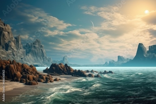 Alien Planet - 3D Rendered Computer Artwork. Rocks and sea, Fantasy Landscape with Mountain and the sea. 3D rendering, AI Generated