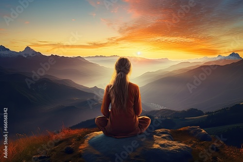 Woman meditating in lotus pose on top of mountain during sunrise, Female meditating on top of a mountain with beautiful sunset background, rear view, full body, AI Generated © Ifti Digital