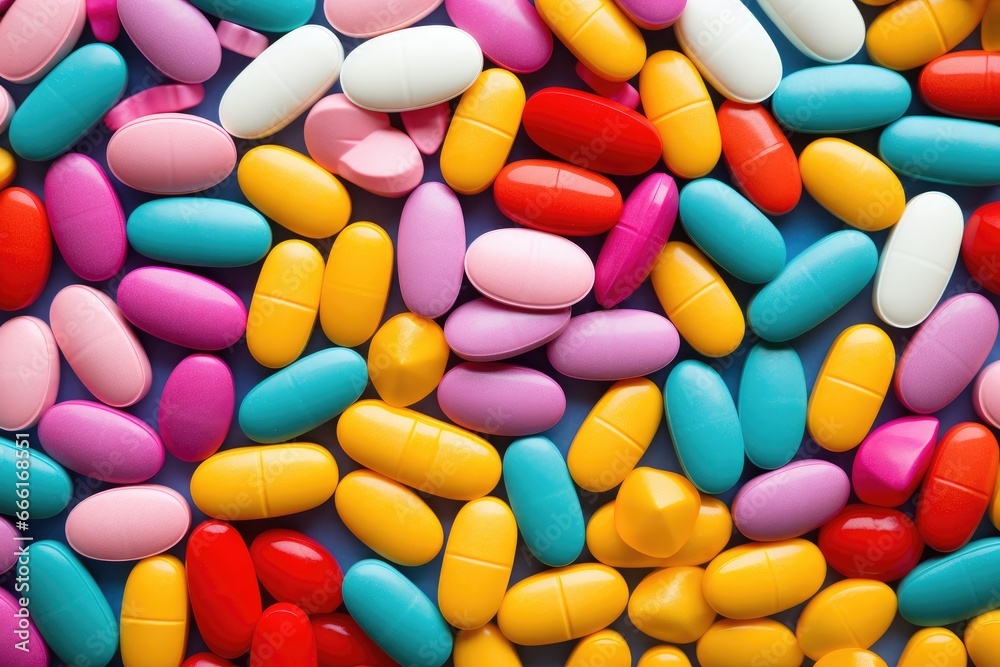 Colorful pills on blue background. Top view, flat lay, Full frame of colorful antimicrobial capsule pills, AI Generated Colorful pills on blue background. Top view, flat lay, Full frame of colorful antimicrobial capsule pills, AI Generated
