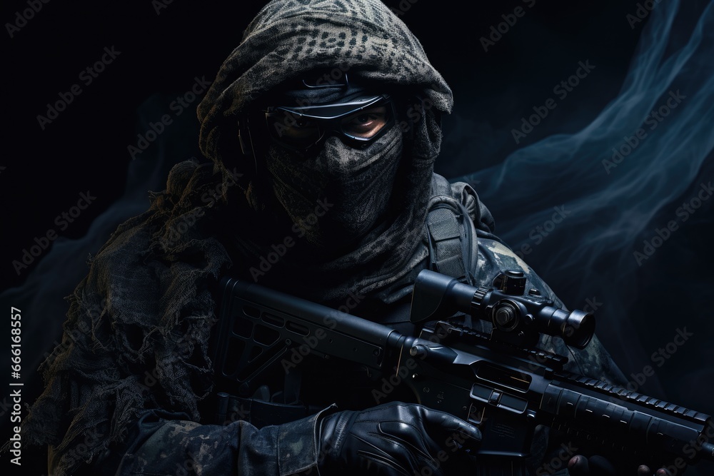 Special forces soldier with assault rifle and hood on black background ...