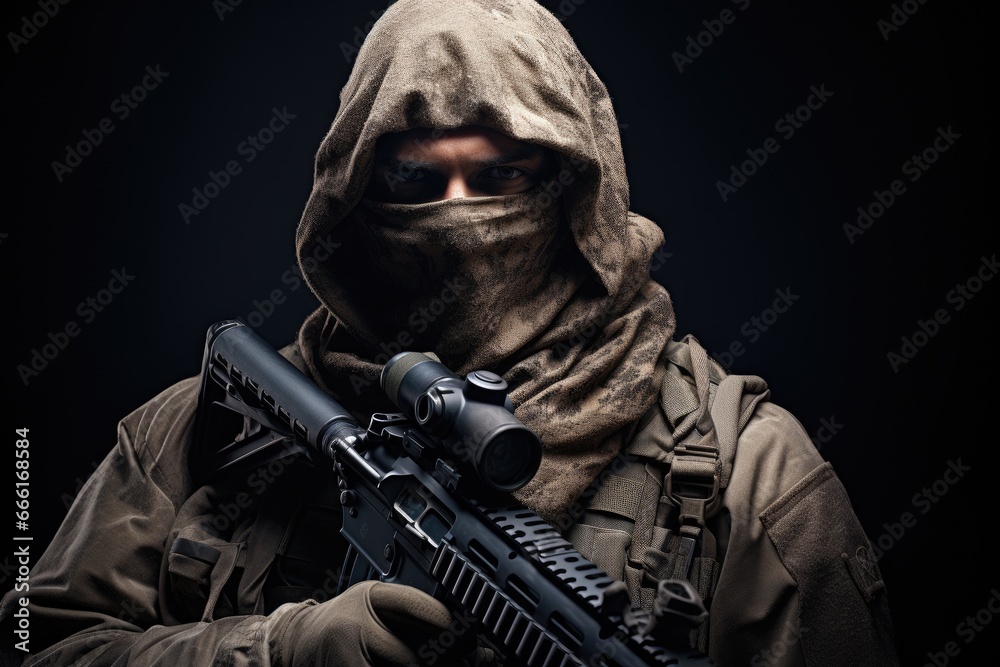Armed man with a machine gun on a dark background. Selective focus ...