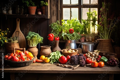 Still life of fresh vegetables in the rustic kitchen, selective focus, Fruits and vegetables on a wooden table in a rustic kitchen, AI Generated