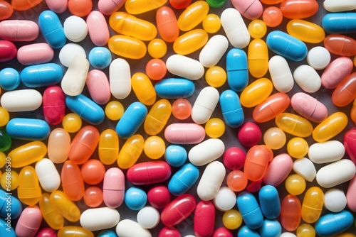 Colorful pills background. Top view of many colorful pills on white background, Full frame of colorful antimicrobial capsule pills, AI Generated