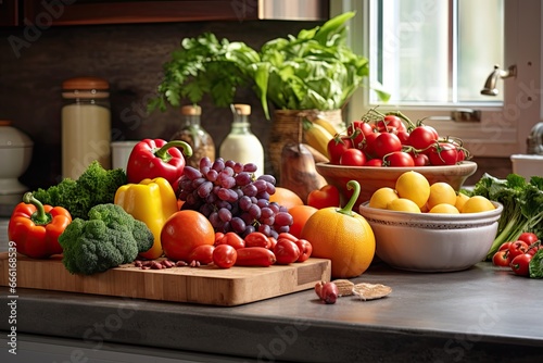 Fresh vegetables on the table in the kitchen. Healthy food concept, Fruits and vegetables on the table in the kitchen. Kitchen interior, AI Generated
