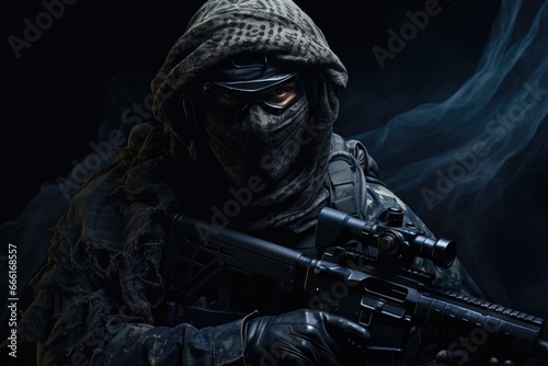 Special forces soldier with assault rifle and hood on black background with smoke, Fully equipped soldier in a tactical net scarf and with a sniper rifle, Black background, anonymous, AI Generated