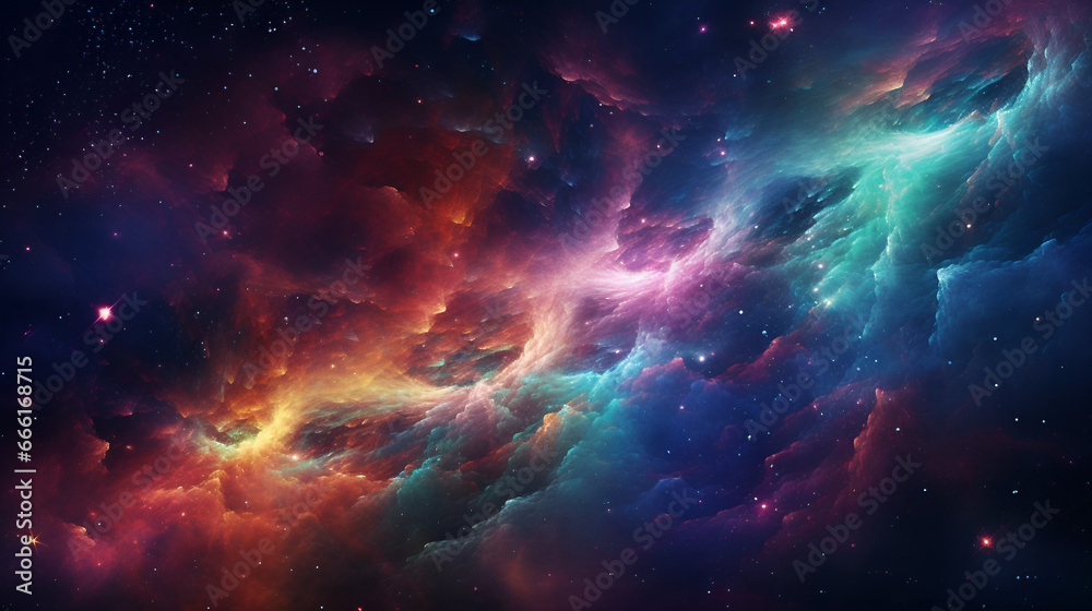 An explosion of color and cosmic energy, featuring abstract swirls of nebulas, galaxies, and vibrant stardust. AI generative.