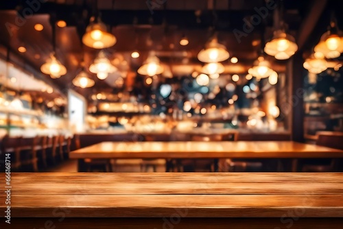 Image of wooden table in front of abstract blurred restaurant lights background. © usman
