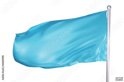 Blank blue flag on white background. A blue flag waving in the wind on the flagpole. Blue flag template. 3d vector illustration.