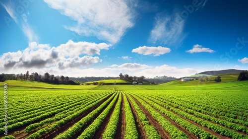 Beautiful green fields sown with agricultural crops  straight rows  modern agriculture. Beautiful sky.