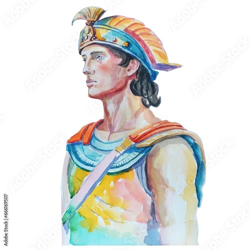 Courageous warrior in watercolor technique. Patroclus, mythology, Greek, odyssey, legends, character, side view, talisman, minimalism, hero. mythology concept. illustration.