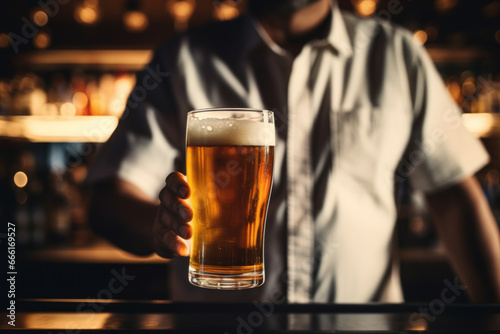 Bartender serving cold draft beer at bar.