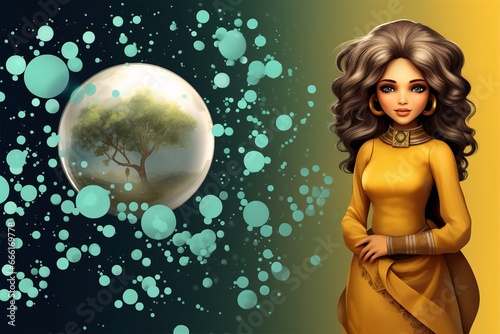 Woman The Guardian of Mother Nature - a woman in a long yellow dress from legends stands near a green tree in a bubble (fantasy landscapes, dreamy naturalism, culturally diverse, emerald and amber). © Markel
