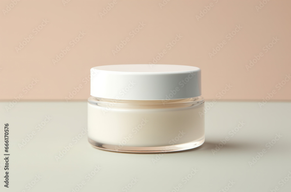 Light cosmetic jar with cream on a clean beige background