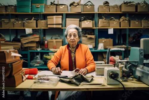 A old woman working on a sewing project at a table