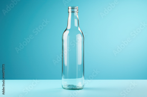 Empty glass bottle with glass cap on a light blue background. Сonscious consumption concept.