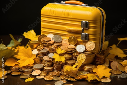 suitcase decorated with money notes, in the style of photobashing in yellow background, minimalist still life, installation-based, hatecore, warm tones photo