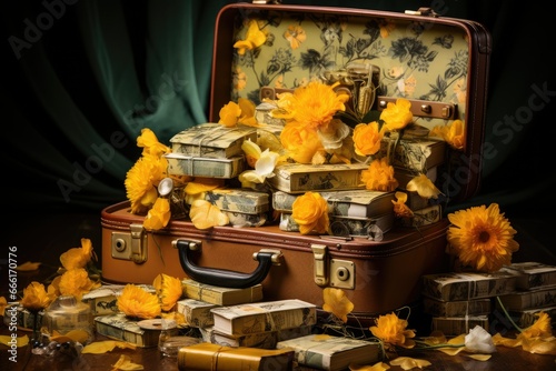 suitcase decorated with money notes, in the style of photobashing in yellow background, minimalist still life, installation-based, hatecore, warm tones photo