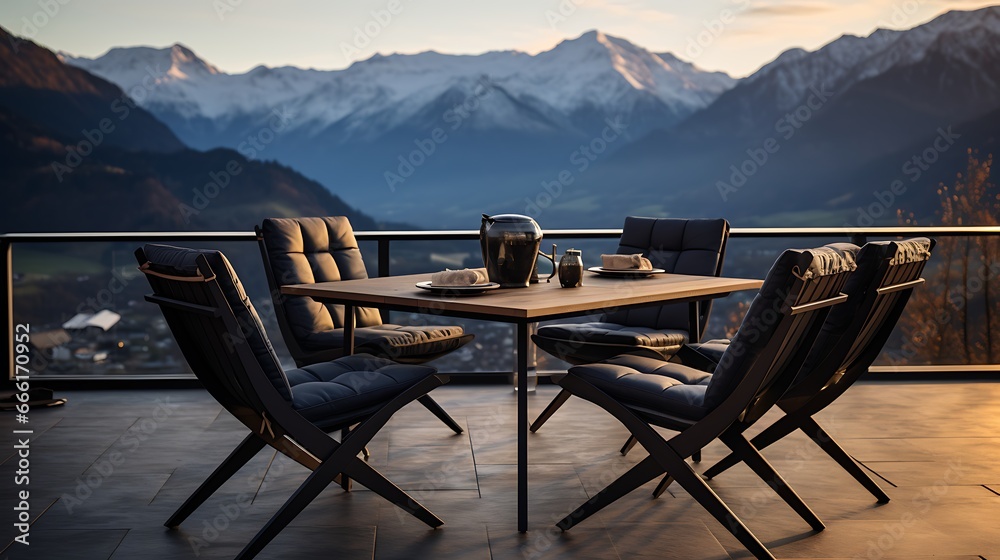 Table and chairs in various places, the sea, the top of the building, terrace, apartment created with generative AI technology Table and chairs in various places, the sea, the top of the building, terrace, apartment created with generative AI technology