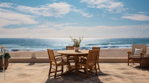 Table and chairs in various places, the sea, the top of the building, terrace, apartment created with generative AI technology