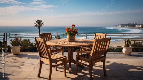Table and chairs in various places  the sea  the top of the building  terrace  apartment created with generative AI technology