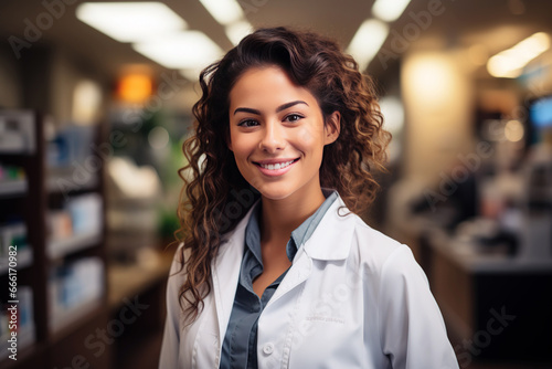 Female pharmacist looking at camera in pharmacy. Health and wellness concept. Generative AI