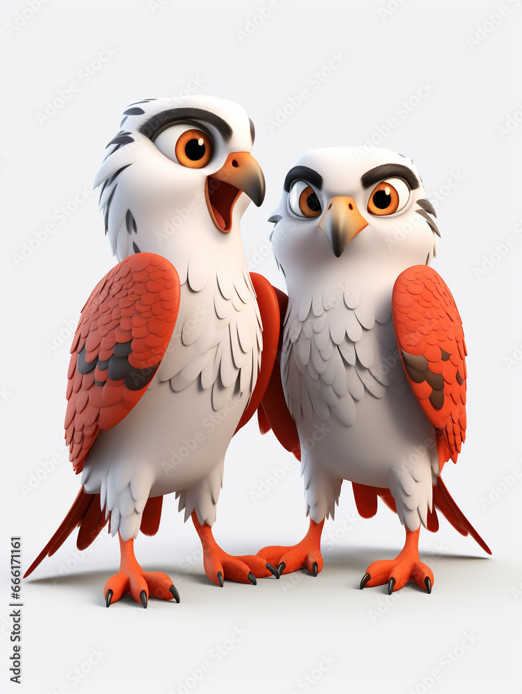 Two 3D Cartoon Falcons in Love on a Solid Background