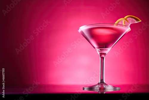  a pink drink with a slice of lemon on the rim. generative ai