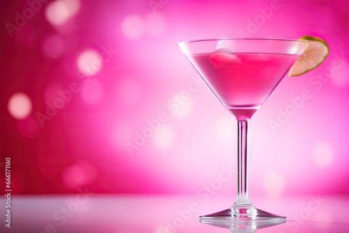  a pink drink with a lime slice on the rim in a martini glass. generative ai