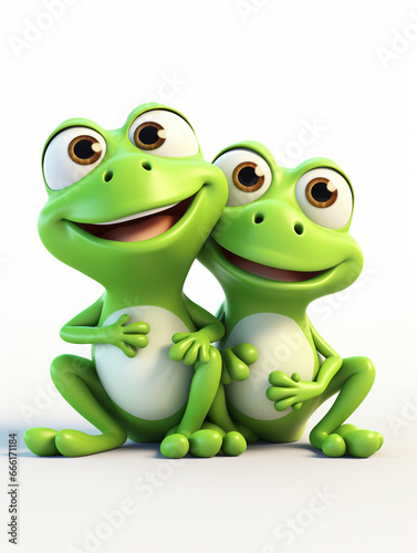 Two 3D Cartoon Frogs in Love on a Solid Background